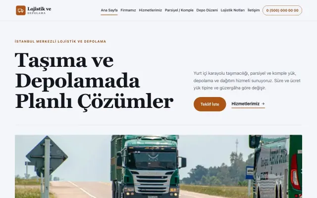 Editoryal Lacivert Turuncu – Lojistik ve Depo Web Sitesi ana sayfa görünümü