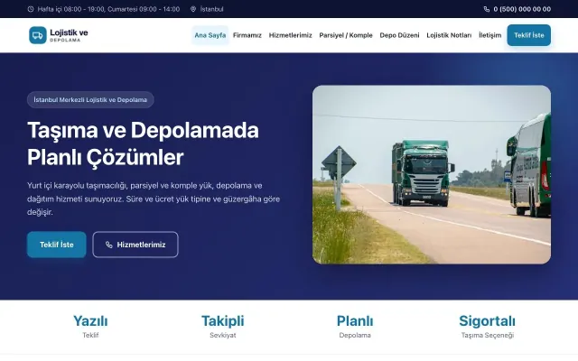 Klasik Lacivert Mavi – Lojistik ve Depo Web Sitesi ana sayfa görünümü