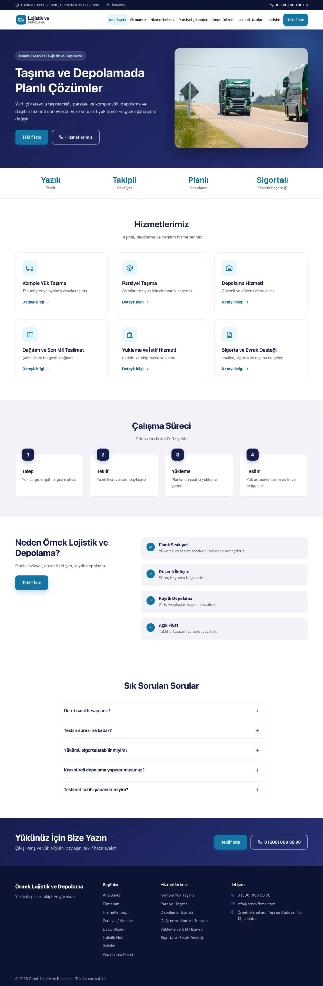 Klasik Lacivert Mavi – Lojistik ve Depo Web Sitesi ana sayfa görünümü