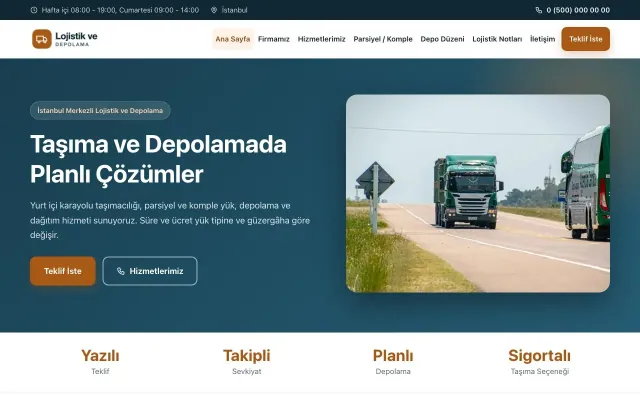 Klasik Mavi Turuncu – Lojistik ve Depo Web Sitesi ana sayfa görünümü