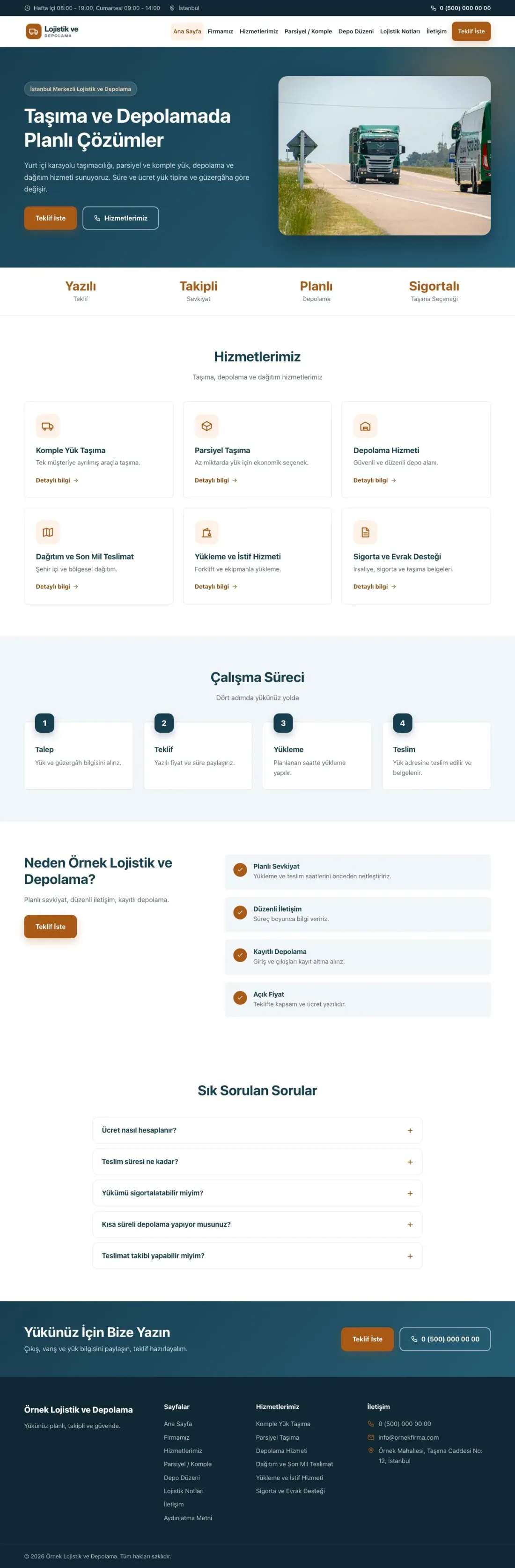 Klasik Mavi Turuncu – Lojistik ve Depo Web Sitesi ana sayfa görünümü