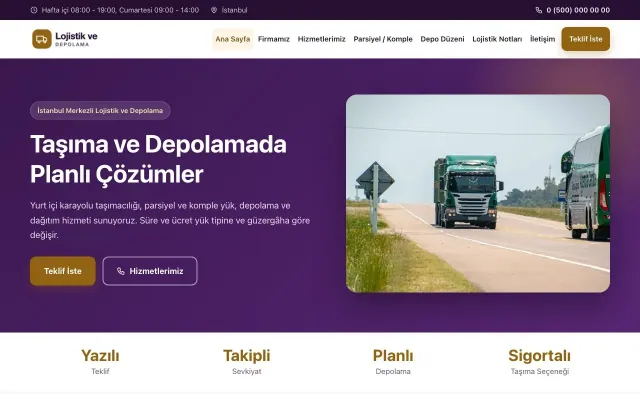 Klasik Mor Turuncu – Lojistik ve Depo Web Sitesi ana sayfa görünümü