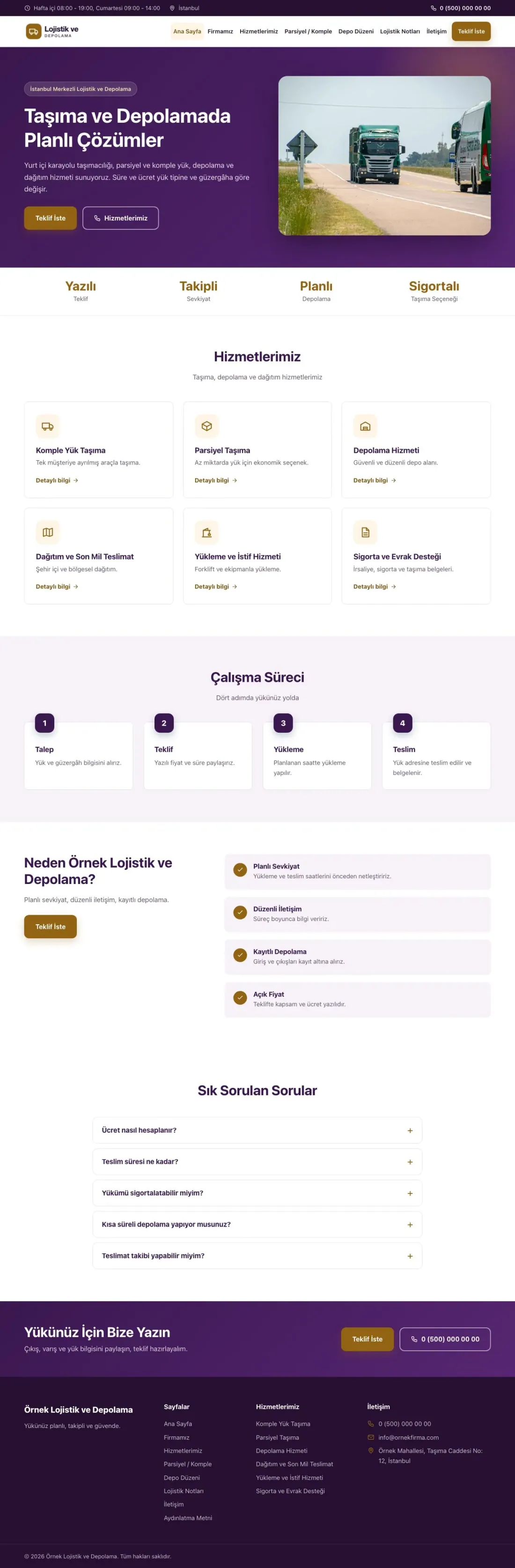 Klasik Mor Turuncu – Lojistik ve Depo Web Sitesi ana sayfa görünümü