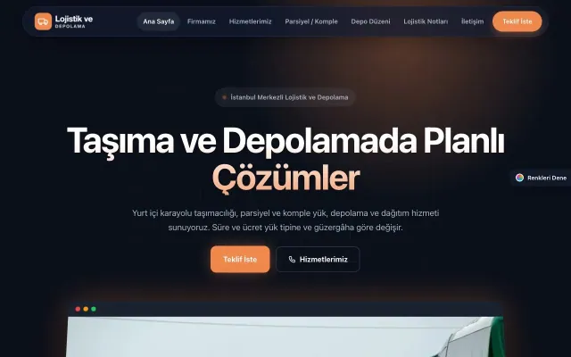 Lojistik ve Depo için Koyu Modern Mavi Turuncu – Lojistik ve Depo Web Sitesi ana sayfa görünümü