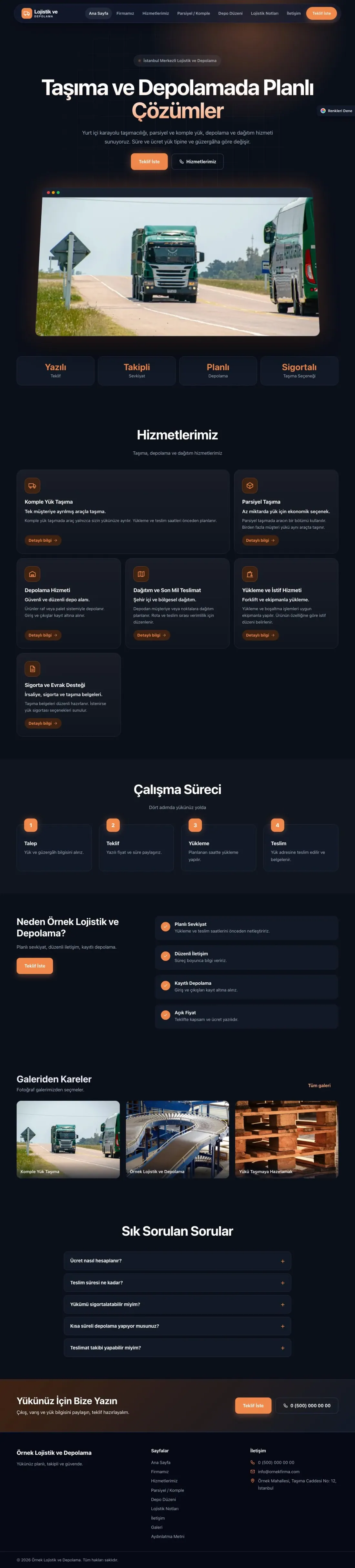 Lojistik ve Depo için Koyu Modern Mavi Turuncu – Lojistik ve Depo Web Sitesi ana sayfa görünümü