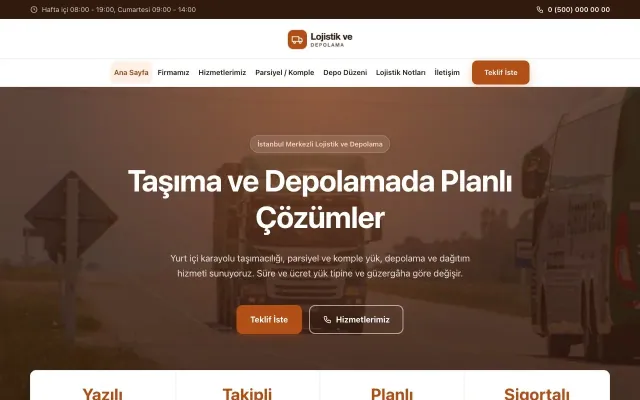 Merkez Kahve Turuncu – Lojistik ve Depo Web Sitesi ana sayfa görünümü