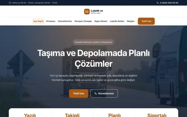 Merkez Mavi Turuncu – Lojistik ve Depo Web Sitesi ana sayfa görünümü