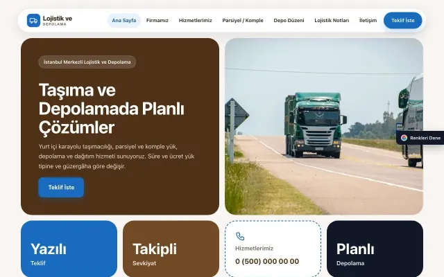 Lojistik ve Depo için Mozaik Kahve Mavi – Lojistik ve Depo Web Sitesi ana sayfa görünümü