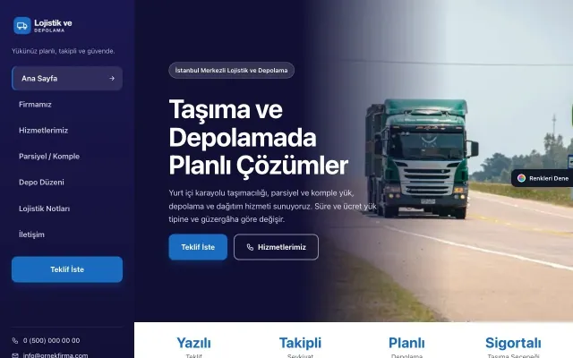Lojistik ve Depo için Sol Menü Lacivert Mavi – Lojistik ve Depo Web Sitesi ana sayfa görünümü