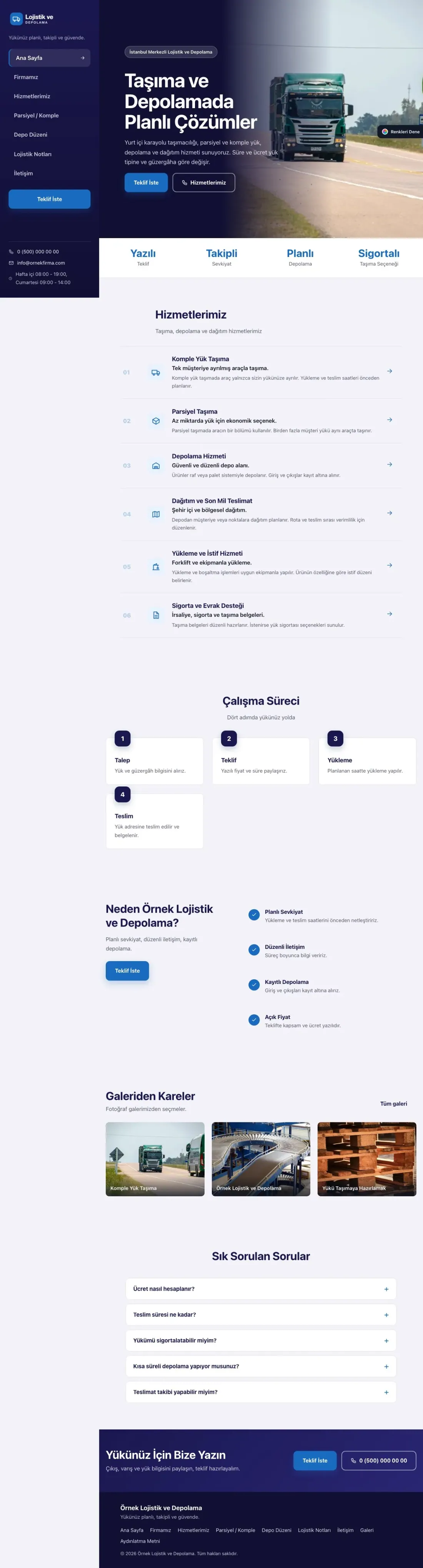 Lojistik ve Depo için Sol Menü Lacivert Mavi – Lojistik ve Depo Web Sitesi ana sayfa görünümü