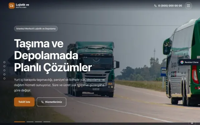 Lojistik ve Depo için Tam Ekran Kahve Turuncu – Lojistik ve Depo Web Sitesi ana sayfa görünümü