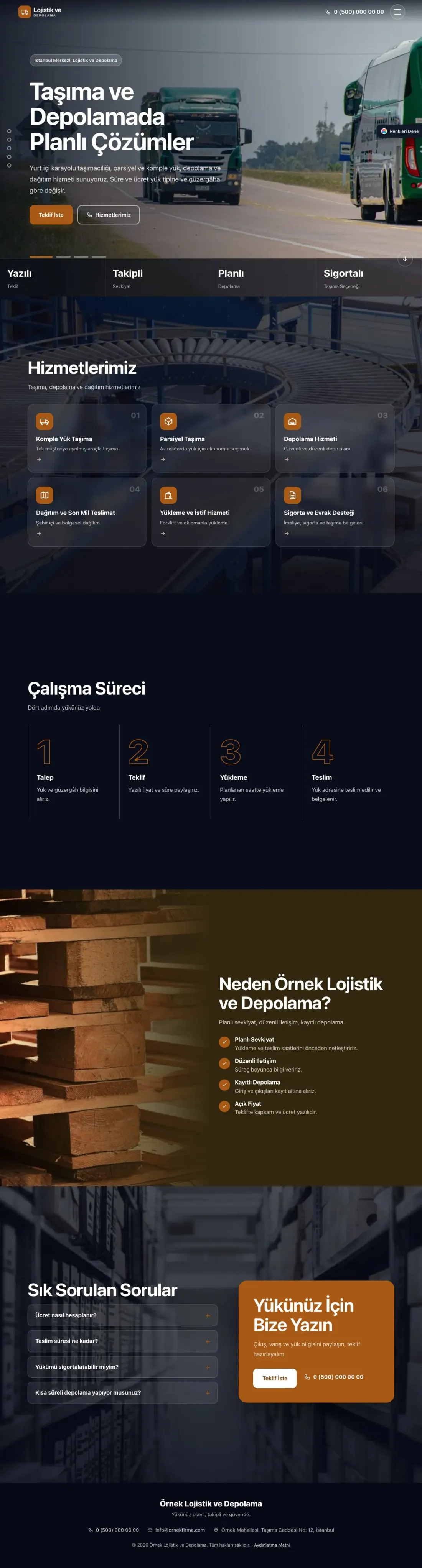 Lojistik ve Depo için Tam Ekran Kahve Turuncu – Lojistik ve Depo Web Sitesi ana sayfa görünümü