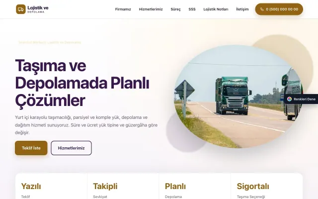 Lojistik ve Depo için Tek Sayfa Mor Turuncu – Lojistik ve Depo Web Sitesi ana sayfa görünümü