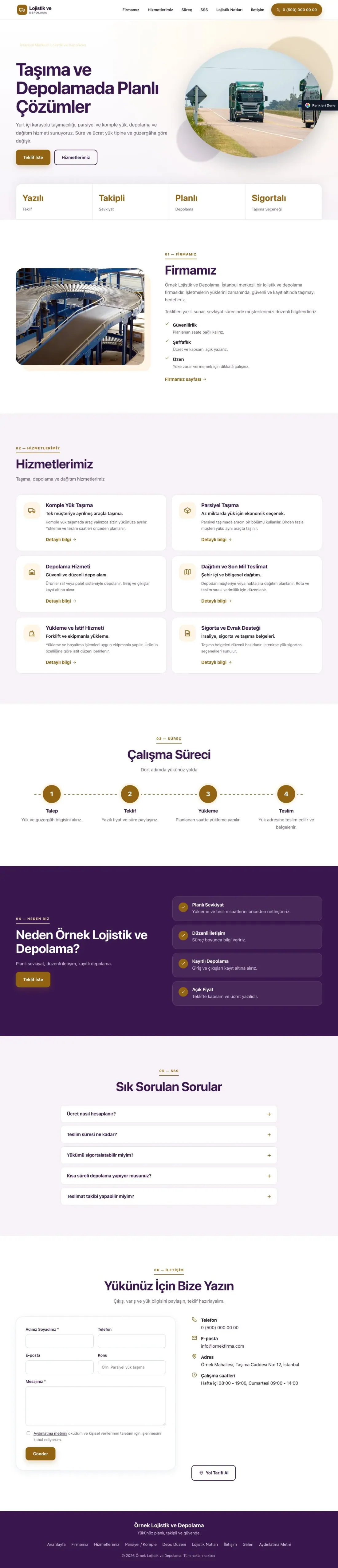 Lojistik ve Depo için Tek Sayfa Mor Turuncu – Lojistik ve Depo Web Sitesi ana sayfa görünümü