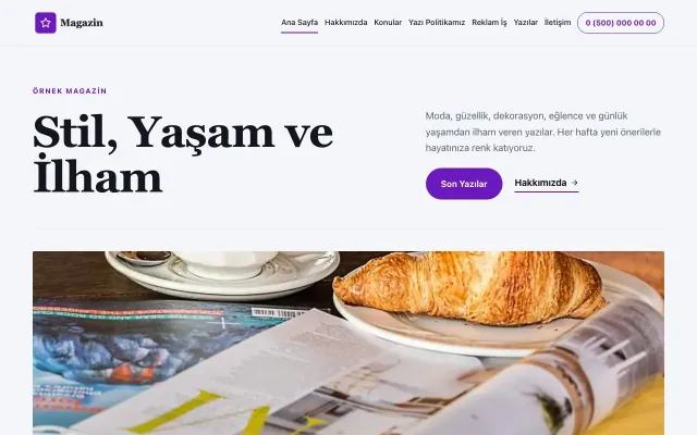 Dergi Editoryal Lacivert Mor – Magazin Sitesi Web Sitesi ana sayfa görünümü