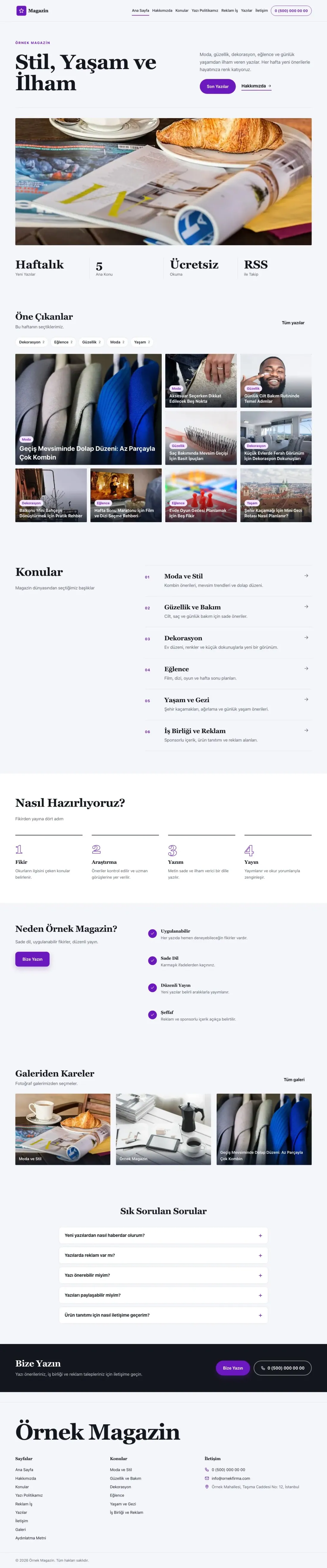 Dergi Editoryal Lacivert Mor – Magazin Sitesi Web Sitesi ana sayfa görünümü