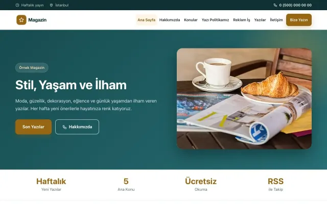 Klasik Petrol Turuncu – Magazin Sitesi Web Sitesi ana sayfa görünümü