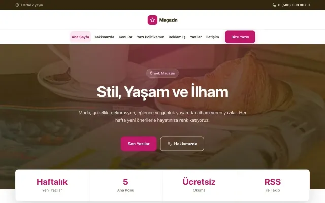 Merkez Kahve Pembe – Magazin Sitesi Web Sitesi ana sayfa görünümü