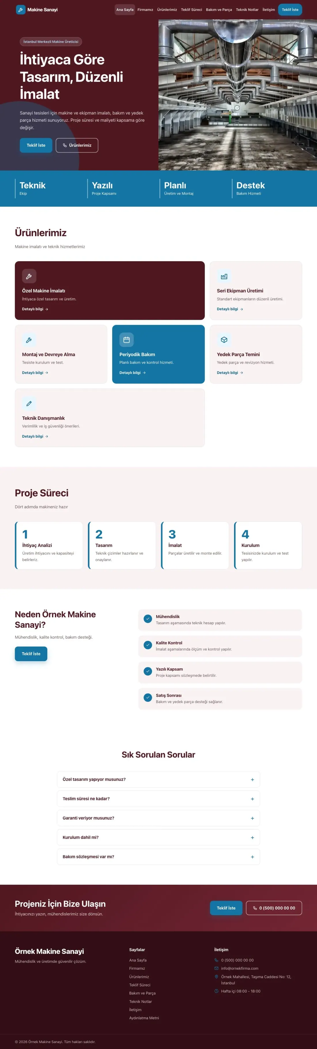 Blok Bordo Mavi – Makine Web Sitesi ana sayfa görünümü