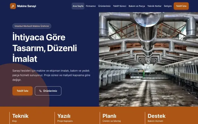 Blok Lacivert Turuncu – Makine Web Sitesi ana sayfa görünümü