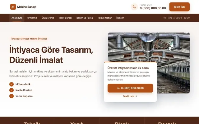 Bölünmüş Kahve Turuncu – Makine Web Sitesi ana sayfa görünümü