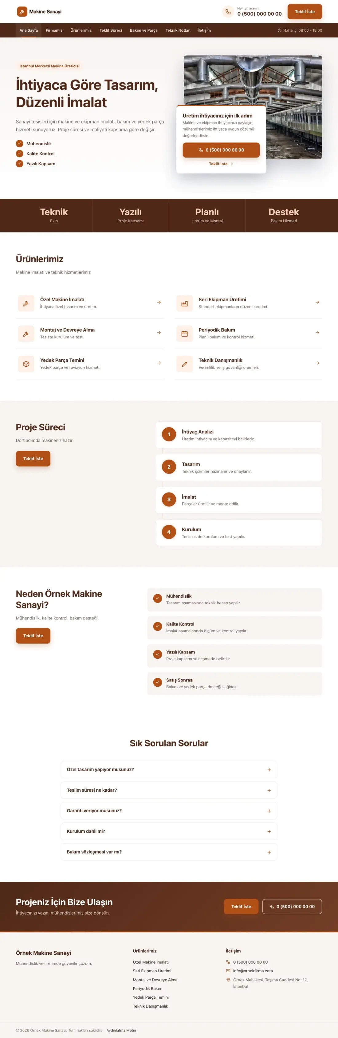 Bölünmüş Kahve Turuncu – Makine Web Sitesi ana sayfa görünümü