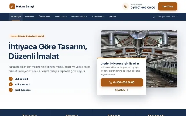 Bölünmüş Mavi Turuncu – Makine Web Sitesi ana sayfa görünümü