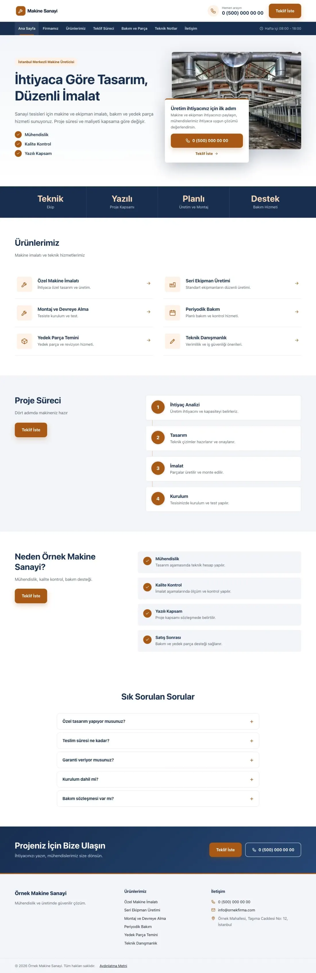 Bölünmüş Mavi Turuncu – Makine Web Sitesi ana sayfa görünümü