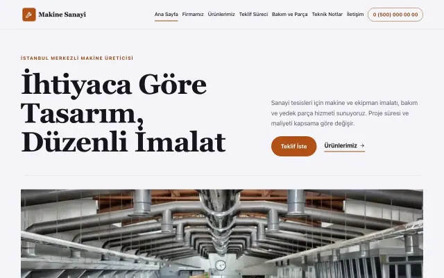 Editoryal Lacivert Turuncu – Makine Web Sitesi ana sayfa görünümü