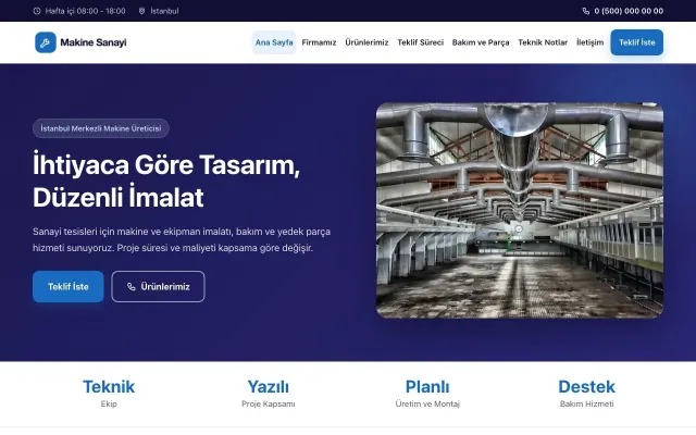 Klasik Lacivert Mavi – Makine Web Sitesi ana sayfa görünümü