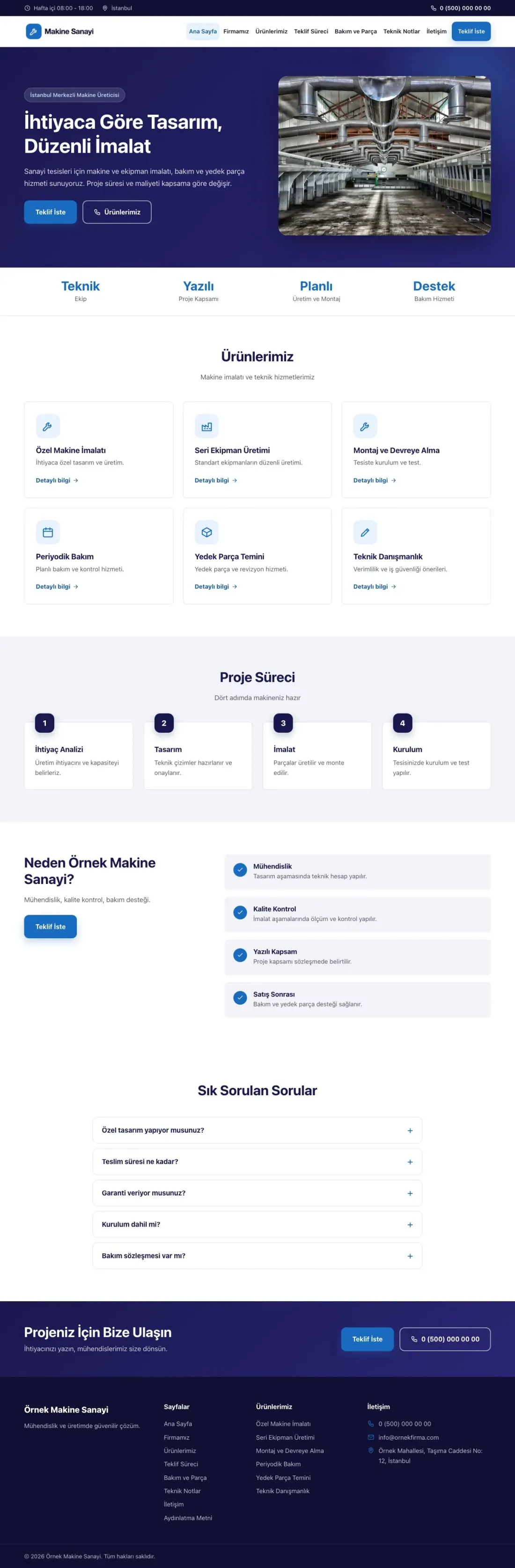 Klasik Lacivert Mavi – Makine Web Sitesi ana sayfa görünümü