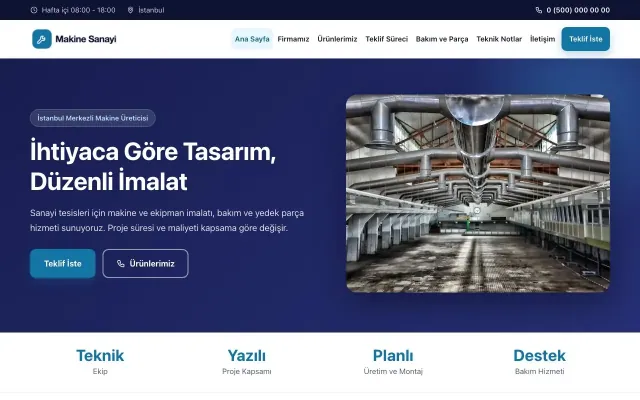 Klasik Lacivert Mavi II – Makine Web Sitesi ana sayfa görünümü