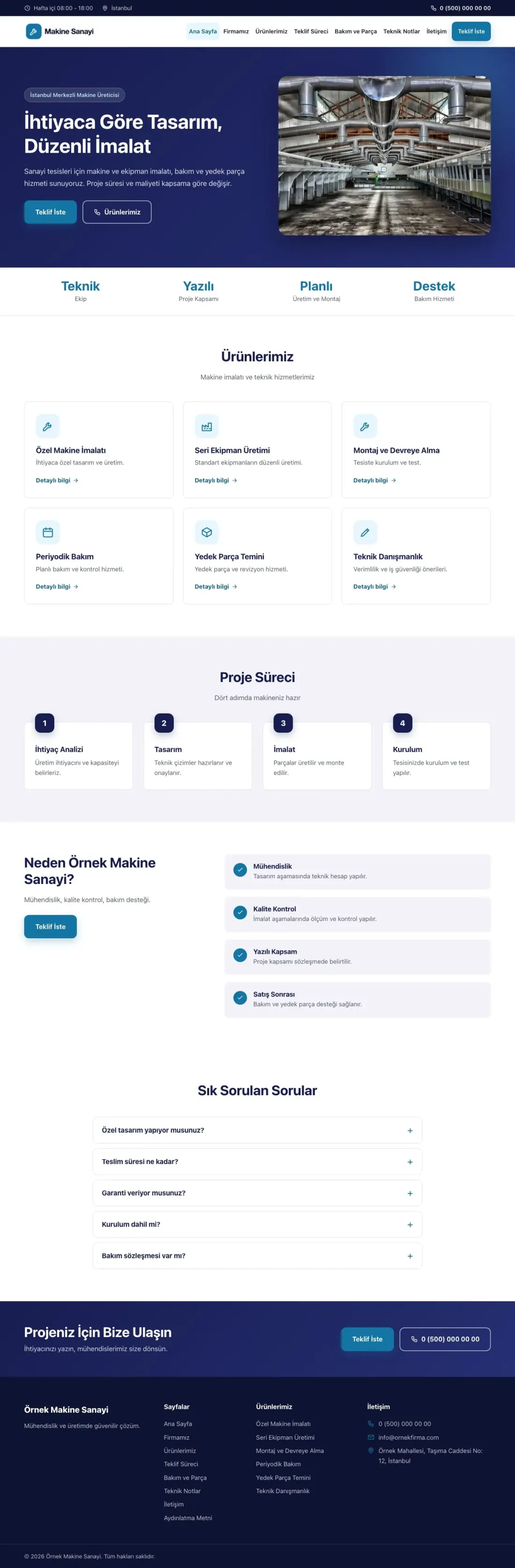 Klasik Lacivert Mavi II – Makine Web Sitesi ana sayfa görünümü