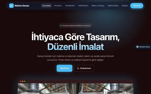 Makine için Koyu Modern Bordo Mavi – Makine Web Sitesi ana sayfa görünümü