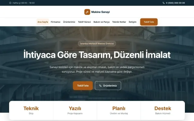 Merkez Mavi Turuncu – Makine Web Sitesi ana sayfa görünümü