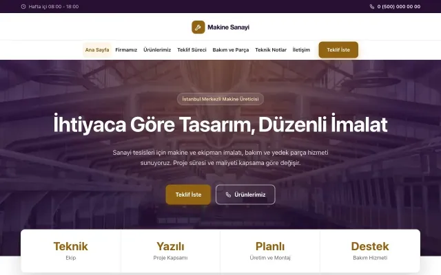Merkez Mor Turuncu – Makine Web Sitesi ana sayfa görünümü
