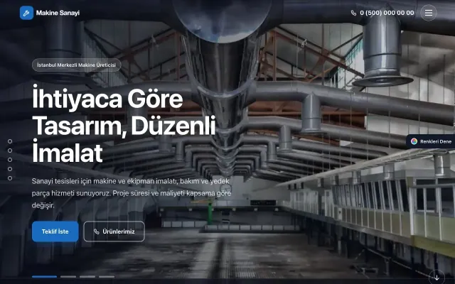Makine için Tam Ekran Petrol Mavi – Makine Web Sitesi ana sayfa görünümü