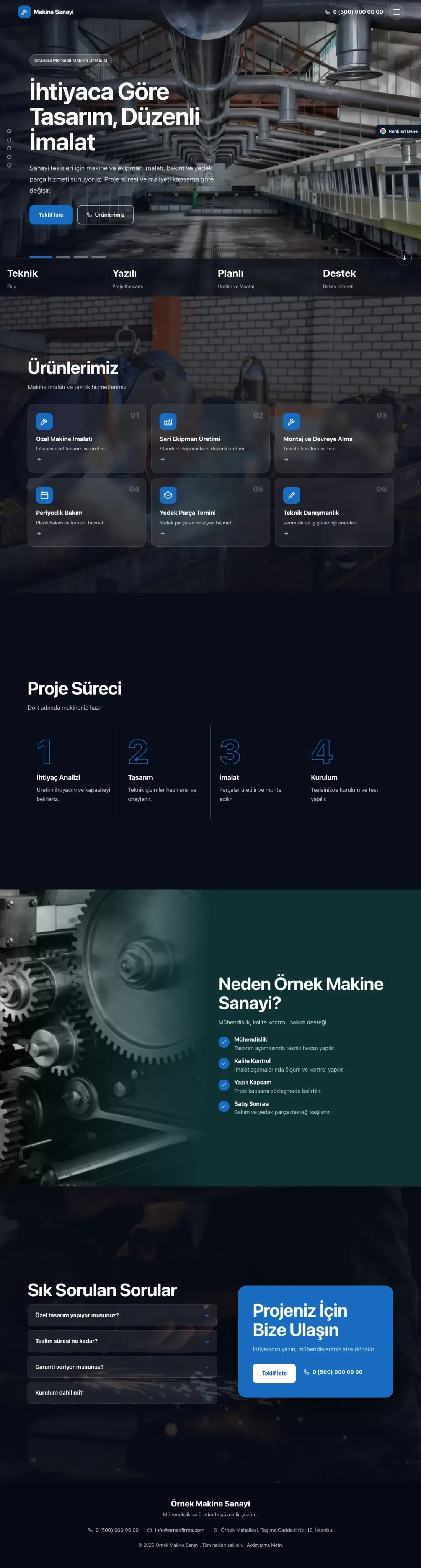 Makine için Tam Ekran Petrol Mavi – Makine Web Sitesi ana sayfa görünümü