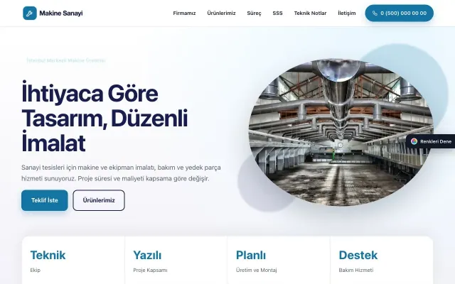 Makine için Tek Sayfa Lacivert Mavi – Makine Web Sitesi ana sayfa görünümü