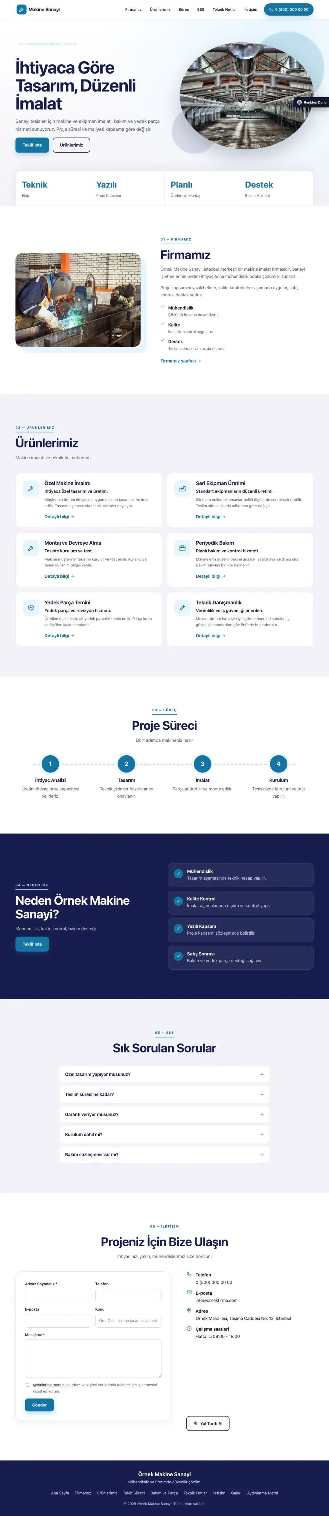 Makine için Tek Sayfa Lacivert Mavi – Makine Web Sitesi ana sayfa görünümü