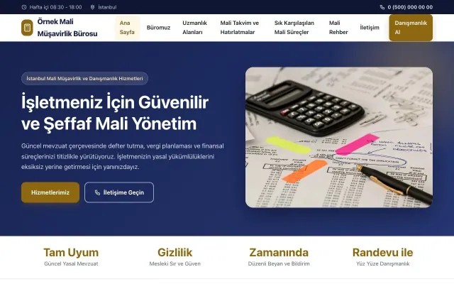 Mali Müşavir için Klasik Lacivert Amber – Mali Müşavir Web Sitesi ana sayfa görünümü