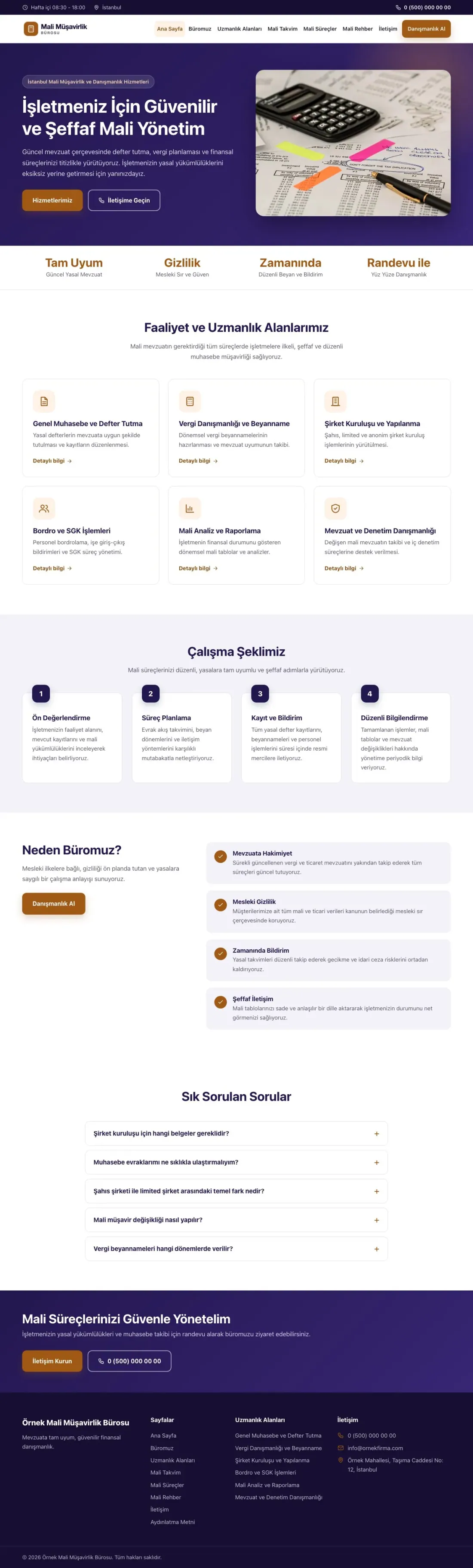 Klasik Lacivert Turuncu – Mali Müşavir Web Sitesi ana sayfa görünümü