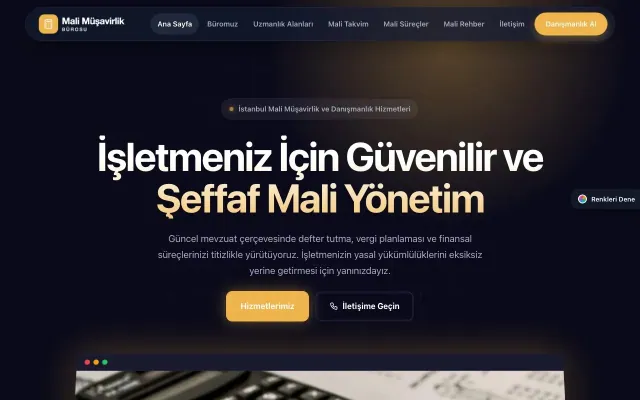 Mali Müşavir için Koyu Modern Lacivert Turuncu – Mali Müşavir Web Sitesi ana sayfa görünümü