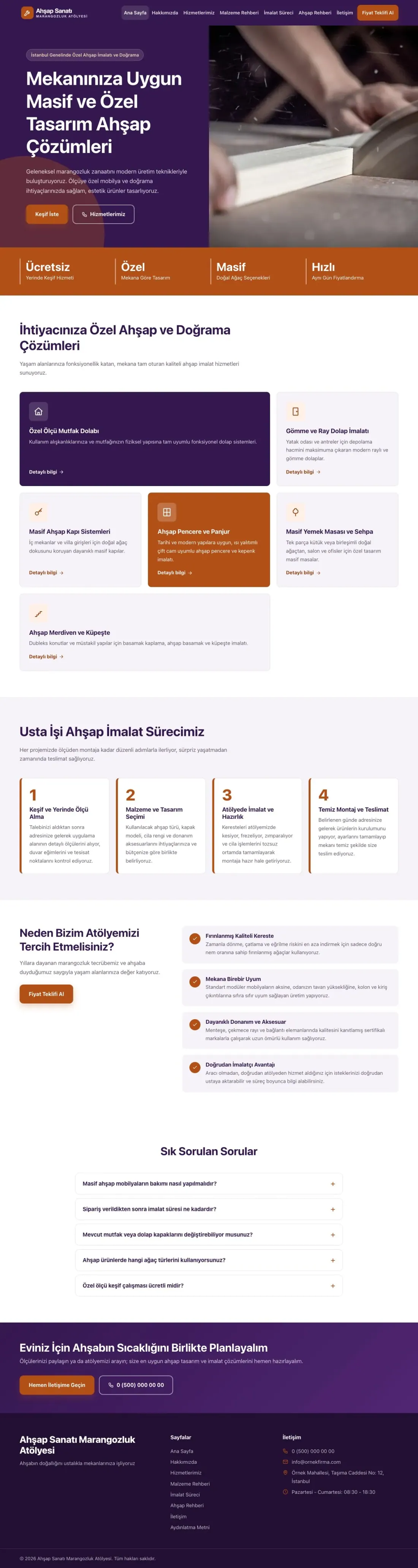 Blok Mor Turuncu – Marangoz ve Doğrama Web Sitesi ana sayfa görünümü