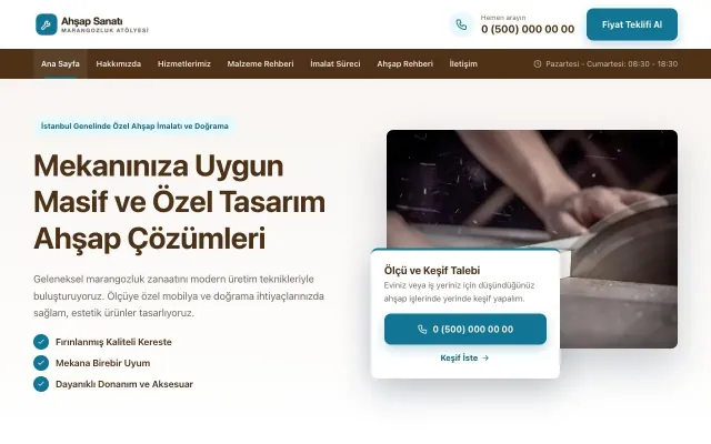 Bölünmüş Kahve Turkuaz – Marangoz ve Doğrama Web Sitesi ana sayfa görünümü