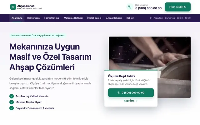 Bölünmüş Mor Turkuaz – Marangoz ve Doğrama Web Sitesi ana sayfa görünümü