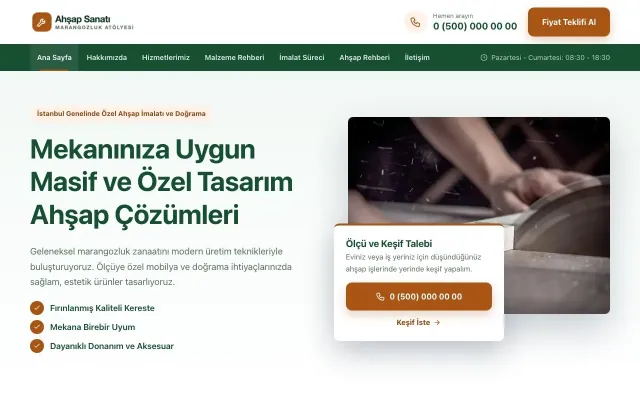 Bölünmüş Yeşil Turuncu – Marangoz ve Doğrama Web Sitesi ana sayfa görünümü
