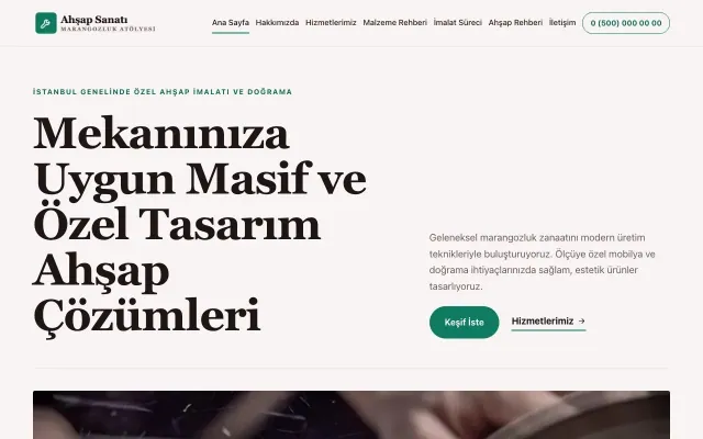 Editoryal Bordo Turkuaz – Marangoz ve Doğrama Web Sitesi ana sayfa görünümü