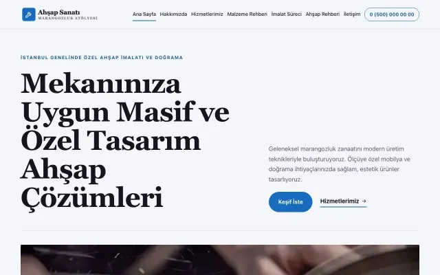 Editoryal Lacivert Mavi – Marangoz ve Doğrama Web Sitesi ana sayfa görünümü