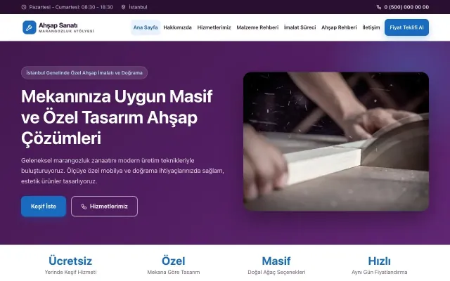 Klasik Mor Mavi – Marangoz ve Doğrama Web Sitesi ana sayfa görünümü